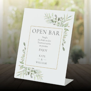 Open Bar Elegant Watercolor Greenery Pedestal Sign