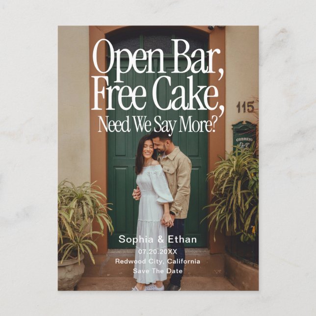 Open Bar Free Cake Photo Retro Save The Date Announcement Postcard (Front)