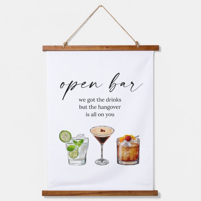 Open bar funny cute wedding watercolor cocktails  hanging tapestry (Front)