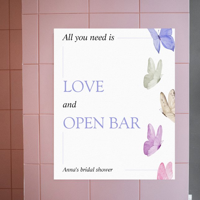 Open Bar He gives her butterflies Bridal Shower Poster (Love & Open Bar - he gives me butterflies bridal shower)