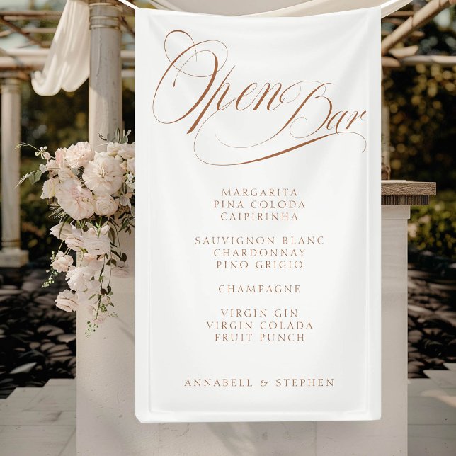Open Bar! Modern, Calligraphy, White Banner ("Open Bar" Modern, Calligraphy, White, Drink Menu Banner for Wedding or other Occasions.)