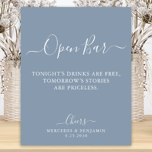Open Bar Personalised Dusty Blue Wedding Drinks  Poster