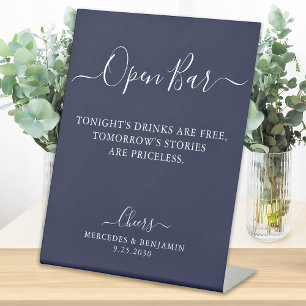 Open Bar Personalised Navy Blue Wedding Drinks Bar Pedestal Sign