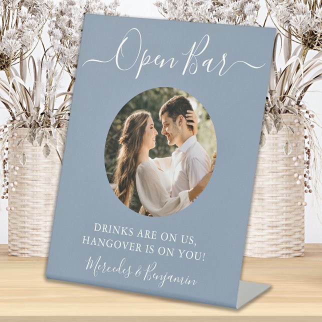 Open Bar Personalised Photo Dusty Blue Wedding  Pedestal Sign (Creator Uploaded)
