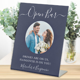 Open Bar Personalised Photo Navy Blue Wedding Pedestal Sign