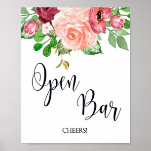 Open Bar Pink Floral wedding sign poster
