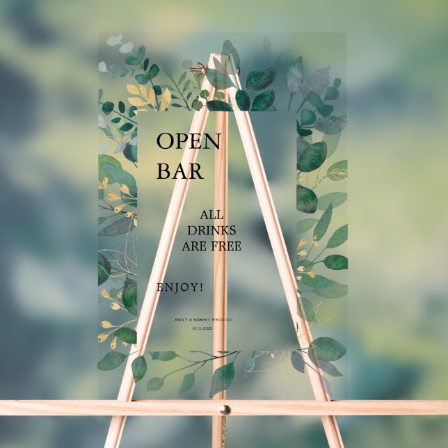 Open Bar Sign Gold and  green leaves frame (Neutral)