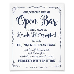Open bar sign in navy and white for wedding party