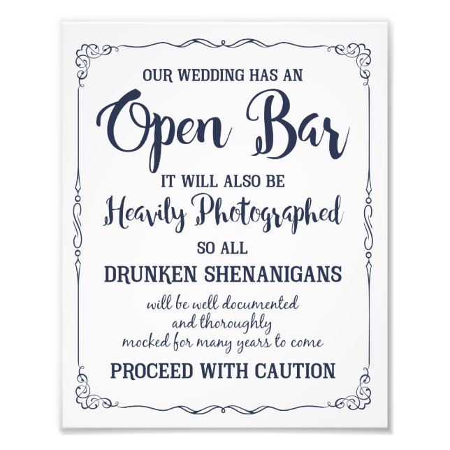 Open bar sign in navy and white for wedding party (Front)