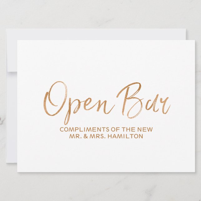 "Open Bar Sign" Wedding Sign | Stylish Gold Rose Invitation (Front)