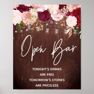 Open Bar String Lights Wood Burgundy Mason Jar Poster