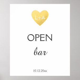 Open Bar Wedding sign, faux gold heart Poster