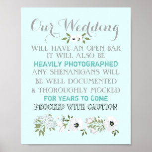 Open Bar Wedding Sign Floral Funny Any Colour