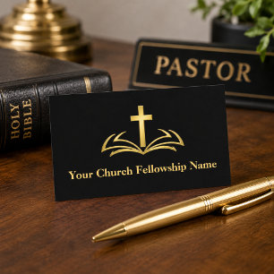 Open Bible Gold Cross Logo Church Pastor Business Card