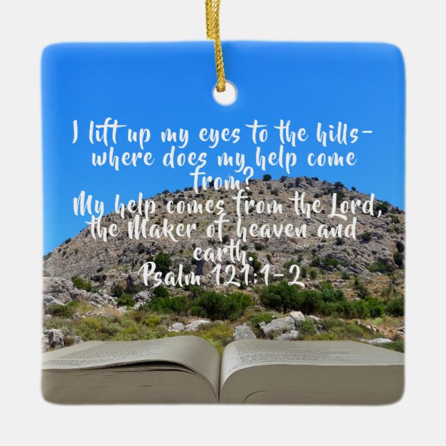Open Bible In Front Of Photo And Custom Verse Cera Ceramic Ornament (Front)