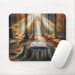 Open Bible On Autumn Tree Stump Mouse Mat
