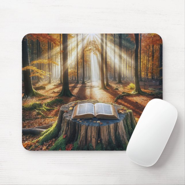 Open Bible On Autumn Tree Stump Mouse Mat (With Mouse)