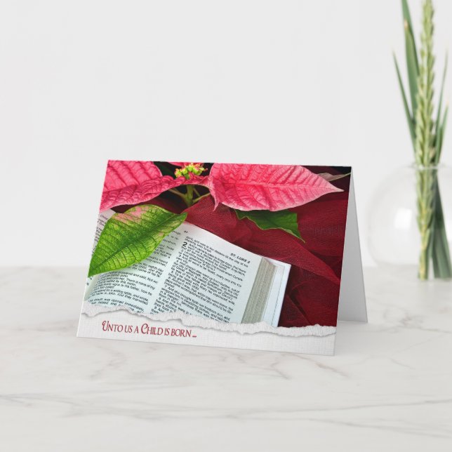 Open Bible with poinsettia Holiday Card (Front)