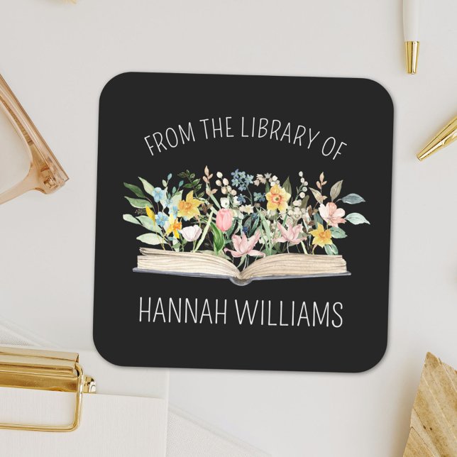 Open Book Flowers From the Library of Bookplate Square Sticker (Close up)