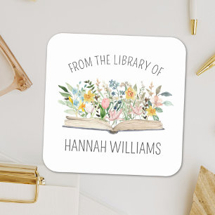 Open Book Flowers From the Library of Bookplate Square Sticker