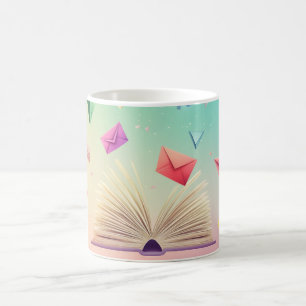 open book from which paper aeroplanes and colourfu coffee mug