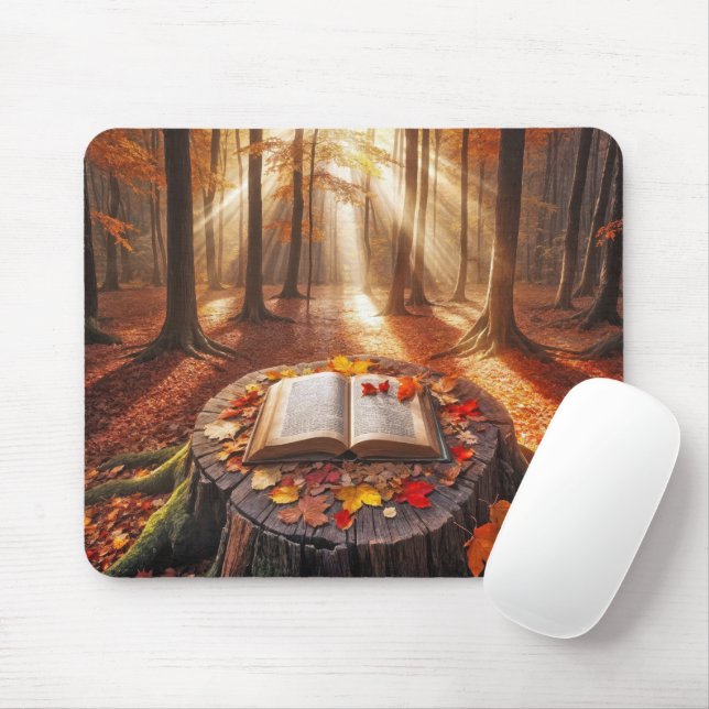 Open Book On Autumn Tree Stump Mouse Mat (With Mouse)