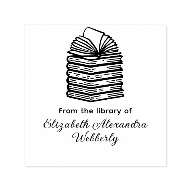 Open Book on Book Stack R2 Library Script Name Self-inking Stamp (Design)