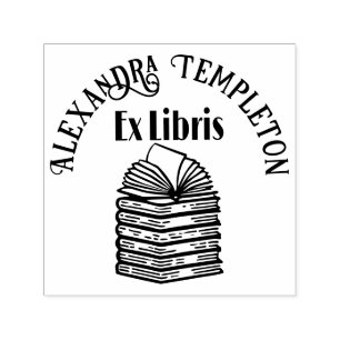 Open Book on Book Stack R3 Library Book Name Self-inking Stamp