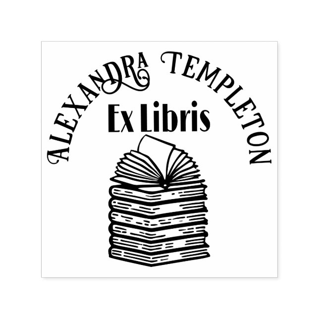 Open Book on Book Stack R3 Library Book Name Self-inking Stamp (Design)