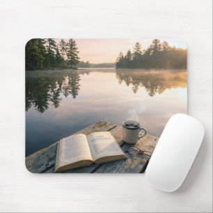 Open Book With Coffee On a Lake Dock Mouse Mat