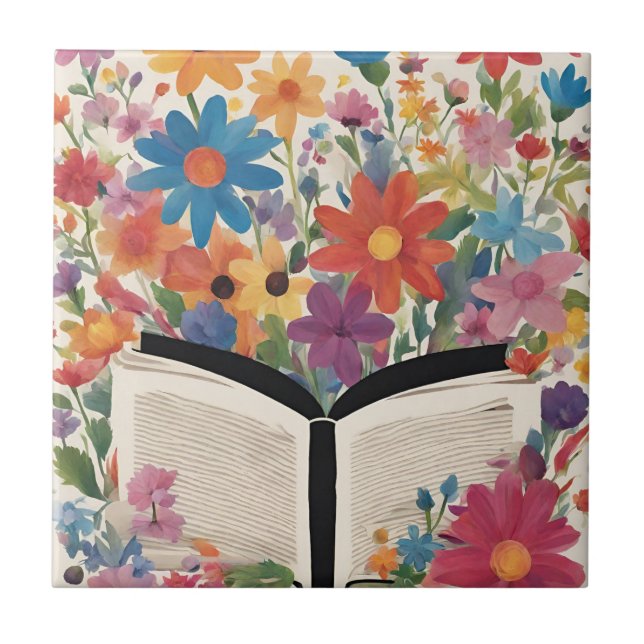 Open Book with Watercolor Flowers  Tile (Front)
