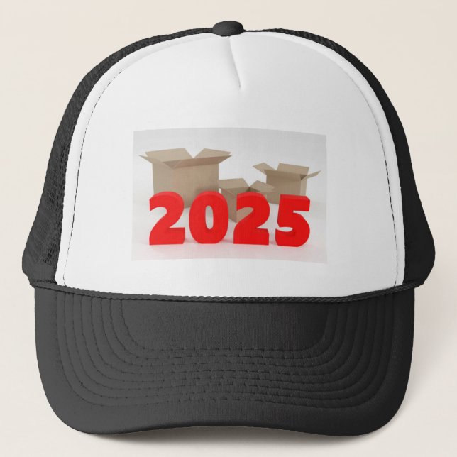 Open Boxes with Printed 2025 Year image Printed Trucker Hat (Front)