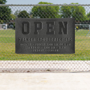 Open Business Hours Embossed Black Vegan Leather Banner