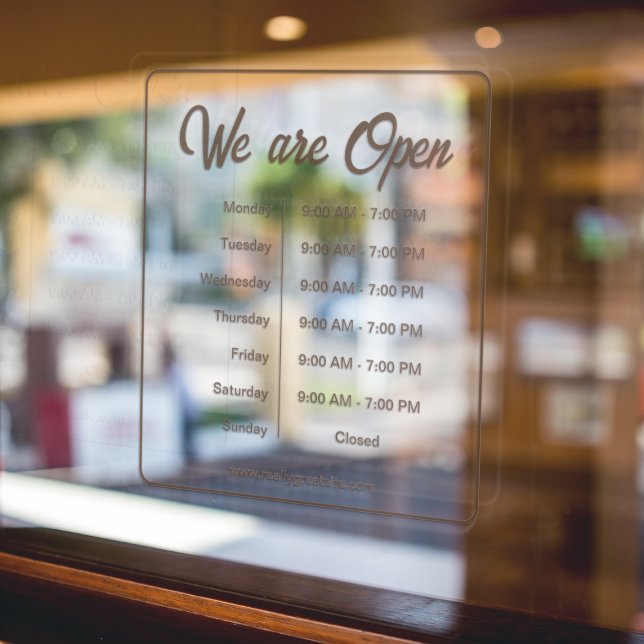Open Business Hours Time Coffee Shop Brown Script Window Cling (Creator Uploaded)
