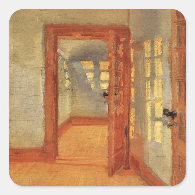 Open door sunny impressionist interior Anna Ancher Square Sticker (Front)