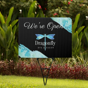 Open For Business Blue Watercolor Dragonfly Garden Sign