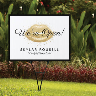 Open For Business Gold Black Beauty Lips Makeup Garden Sign