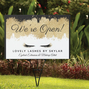 Open For Business Gold Black Eyelash Beauty Salon Garden Sign