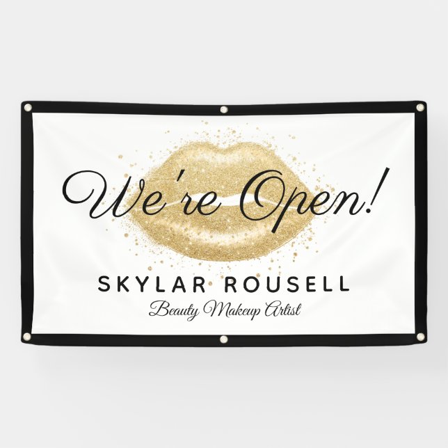 Open For Business Gold Glitter Lips Beauty Salon Banner (Horizontal)