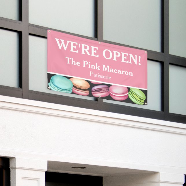Open for Business | Macaron French Patisserie Pink Banner (Outside Building)