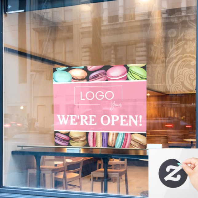 Open for Business | Macaron French Patisserie Pink Window Cling (Cafe Window)