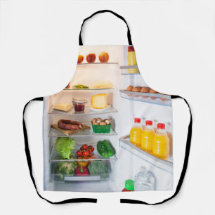 Open fridge filled with food apron