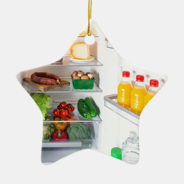 Open fridge filled with food ceramic tree decoration (Front)