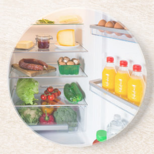 Open fridge filled with food coaster
