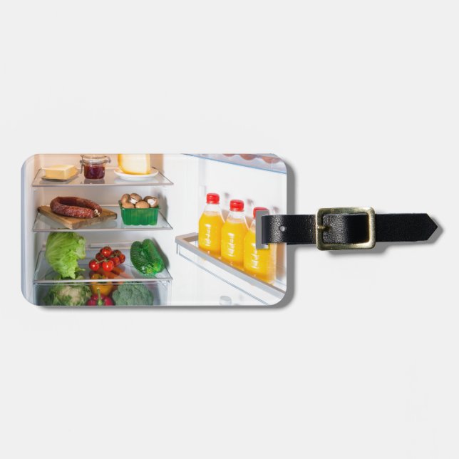 Open fridge filled with food luggage tag (Front Horizontal)