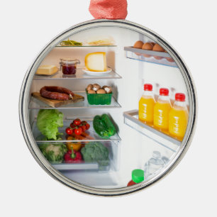 Open fridge filled with food metal tree decoration
