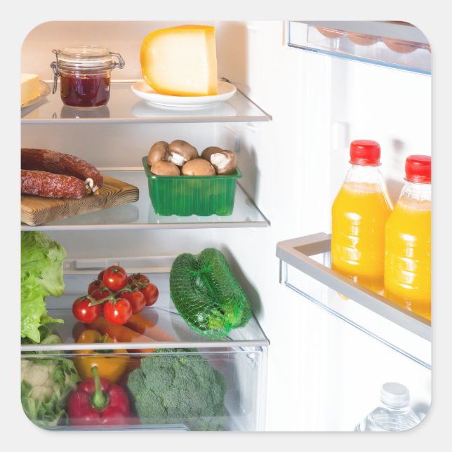 Open fridge filled with food square sticker (Front)