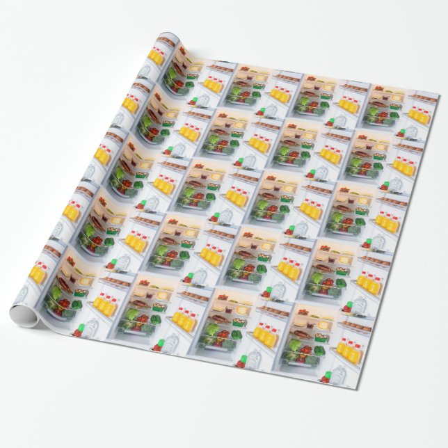 Open fridge filled with food wrapping paper (Unrolled)