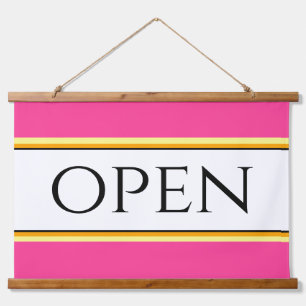 OPEN Fun Bright Pink White Yellow Orange Stripes Hanging Tapestry