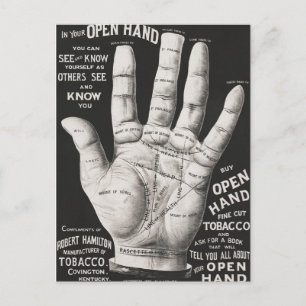 Open hand, palm reading postcard